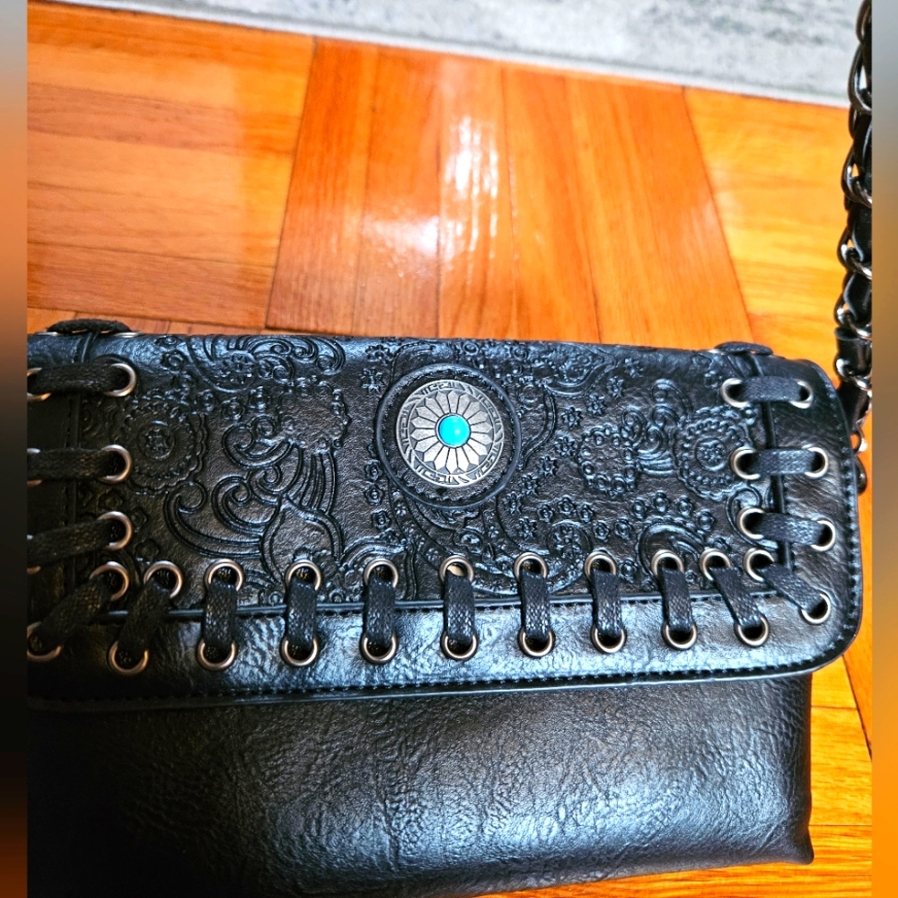 NWOT Sam & Hadley Black Leather Silver Studded And Embroidered Handbag Purse NEW